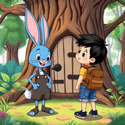 a playful cartoon scene depicting the adventure of a blue rabbit and a young boy, about 10 years old, wearing a denim short jumper, black shoes, thick black hair, and a brown leather backpack