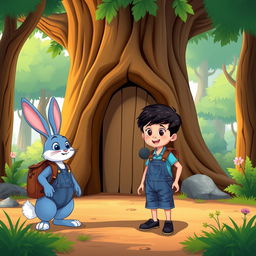 a playful cartoon scene depicting the adventure of a blue rabbit and a young boy, about 10 years old, wearing a denim short jumper, black shoes, thick black hair, and a brown leather backpack