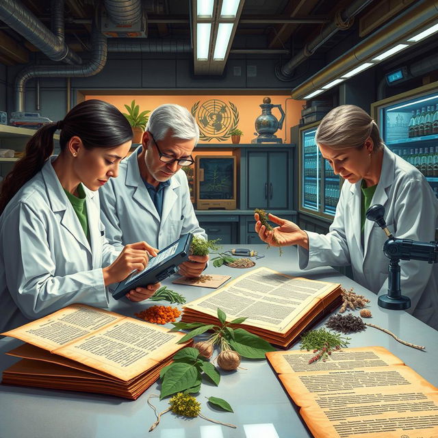 A detailed depiction of the World Health Organization (WHO) conducting research on traditional medicine