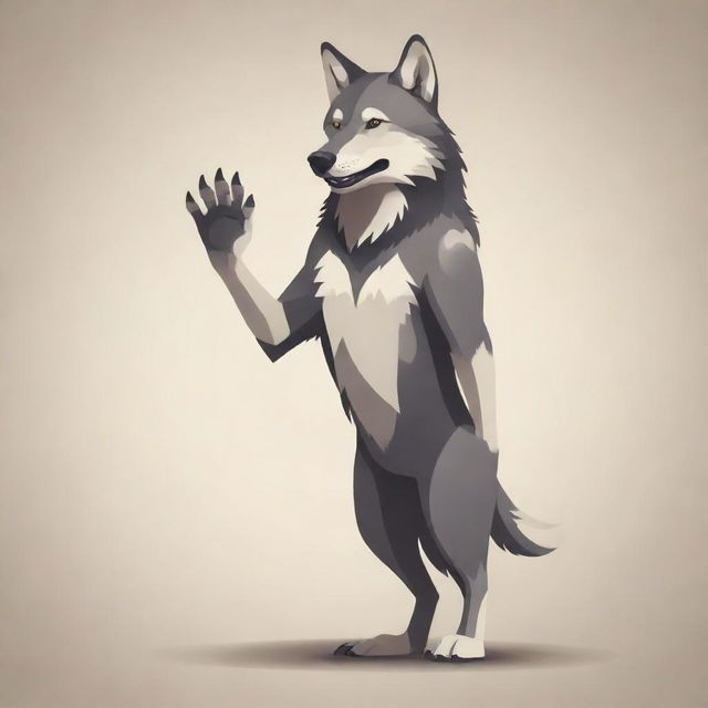 A stylishly designed, vector-art illustration of a standing wolf, its front paw raised in a warm greeting, encapsulating a friendly 'hi'.