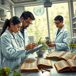 A detailed depiction of the World Health Organization (WHO) conducting research on traditional medicine