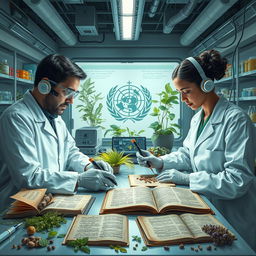 A detailed depiction of the World Health Organization (WHO) conducting research on traditional medicine