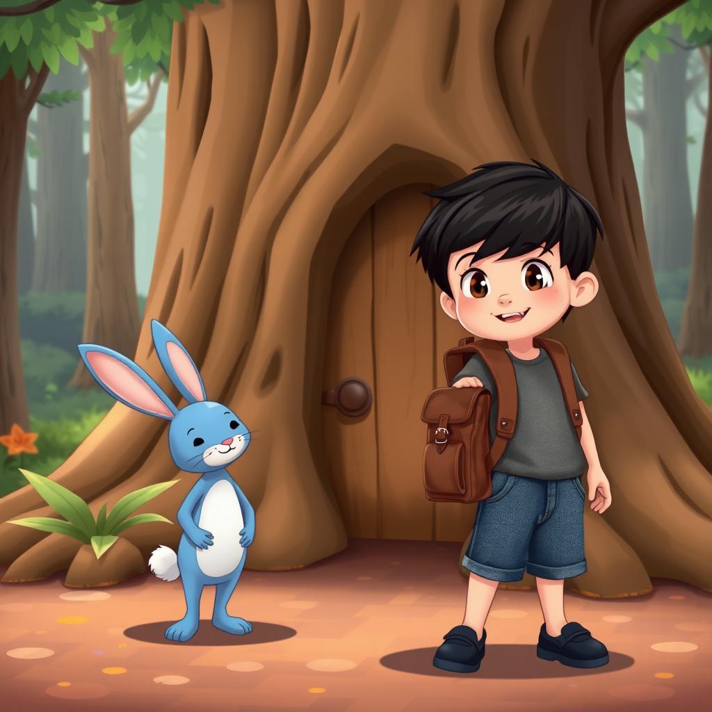 a charming cartoon scene featuring a blue rabbit and a 10-year-old boy wearing a denim short jumper, black shoes, thick black hair, and a brown leather backpack