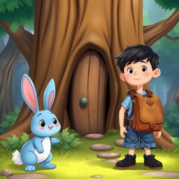 a charming cartoon scene featuring a blue rabbit and a 10-year-old boy wearing a denim short jumper, black shoes, thick black hair, and a brown leather backpack