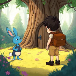 a charming cartoon scene featuring a blue rabbit and a 10-year-old boy wearing a denim short jumper, black shoes, thick black hair, and a brown leather backpack