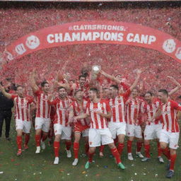 Girona FC football team wearing red and white uniforms jubilantly celebrating their La Liga title on a soccer field, amidst confetti and cheering crowds, with a large 'La Liga Champions' banner in the background.