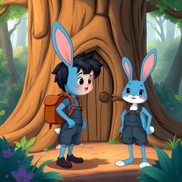 a charming cartoon scene featuring a blue rabbit and a 10-year-old boy wearing a denim short jumper, black shoes, thick black hair, and a brown leather backpack