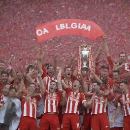 Girona FC football team wearing red and white uniforms jubilantly celebrating their La Liga title on a soccer field, amidst confetti and cheering crowds, with a large 'La Liga Champions' banner in the background.