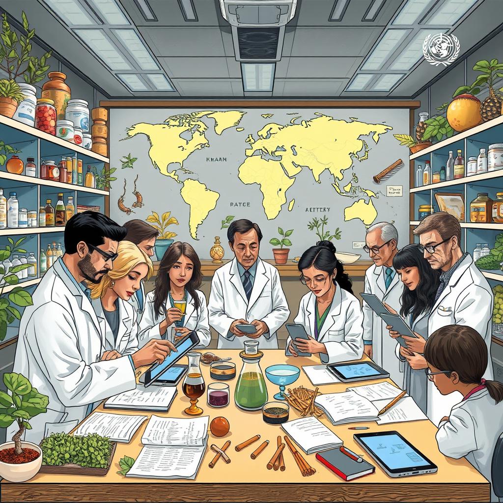 A detailed illustration depicting the World Health Organization (WHO) investigating traditional medicine