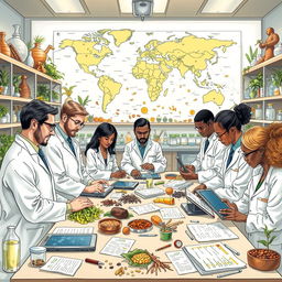 A detailed illustration depicting the World Health Organization (WHO) investigating traditional medicine