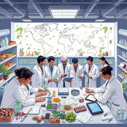 A detailed illustration depicting the World Health Organization (WHO) investigating traditional medicine