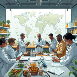 A detailed illustration depicting the World Health Organization (WHO) investigating traditional medicine