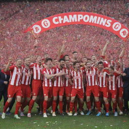 Girona FC football team wearing red and white uniforms jubilantly celebrating their La Liga title on a soccer field, amidst confetti and cheering crowds, with a large 'La Liga Champions' banner in the background.