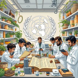 A detailed illustration depicting the World Health Organization (WHO) investigating traditional medicine