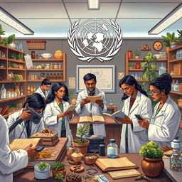 A detailed illustration depicting the World Health Organization (WHO) investigating traditional medicine