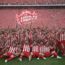 Girona FC football team wearing red and white uniforms jubilantly celebrating their La Liga title on a soccer field, amidst confetti and cheering crowds, with a large 'La Liga Champions' banner in the background.