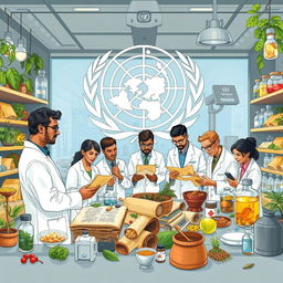 A detailed illustration depicting the World Health Organization (WHO) investigating traditional medicine