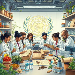 A detailed illustration depicting the World Health Organization (WHO) investigating traditional medicine