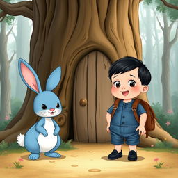 a delightful cartoon illustration featuring a whimsical blue rabbit alongside a 10-month-old baby boy dressed in a tiny denim short jumper, cute black shoes, with thick black hair, accessorized with a miniature brown leather backpack