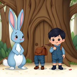 a delightful cartoon illustration featuring a whimsical blue rabbit alongside a 10-month-old baby boy dressed in a tiny denim short jumper, cute black shoes, with thick black hair, accessorized with a miniature brown leather backpack