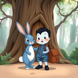 a delightful cartoon illustration featuring a whimsical blue rabbit alongside a 10-month-old baby boy dressed in a tiny denim short jumper, cute black shoes, with thick black hair, accessorized with a miniature brown leather backpack