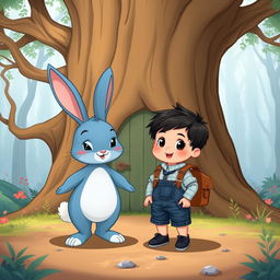 a delightful cartoon illustration featuring a whimsical blue rabbit alongside a 10-month-old baby boy dressed in a tiny denim short jumper, cute black shoes, with thick black hair, accessorized with a miniature brown leather backpack