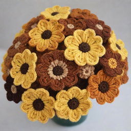 A beautifully detailed bouquet of crochet flowers, featuring vibrant hues of yellow and rich shades of brown