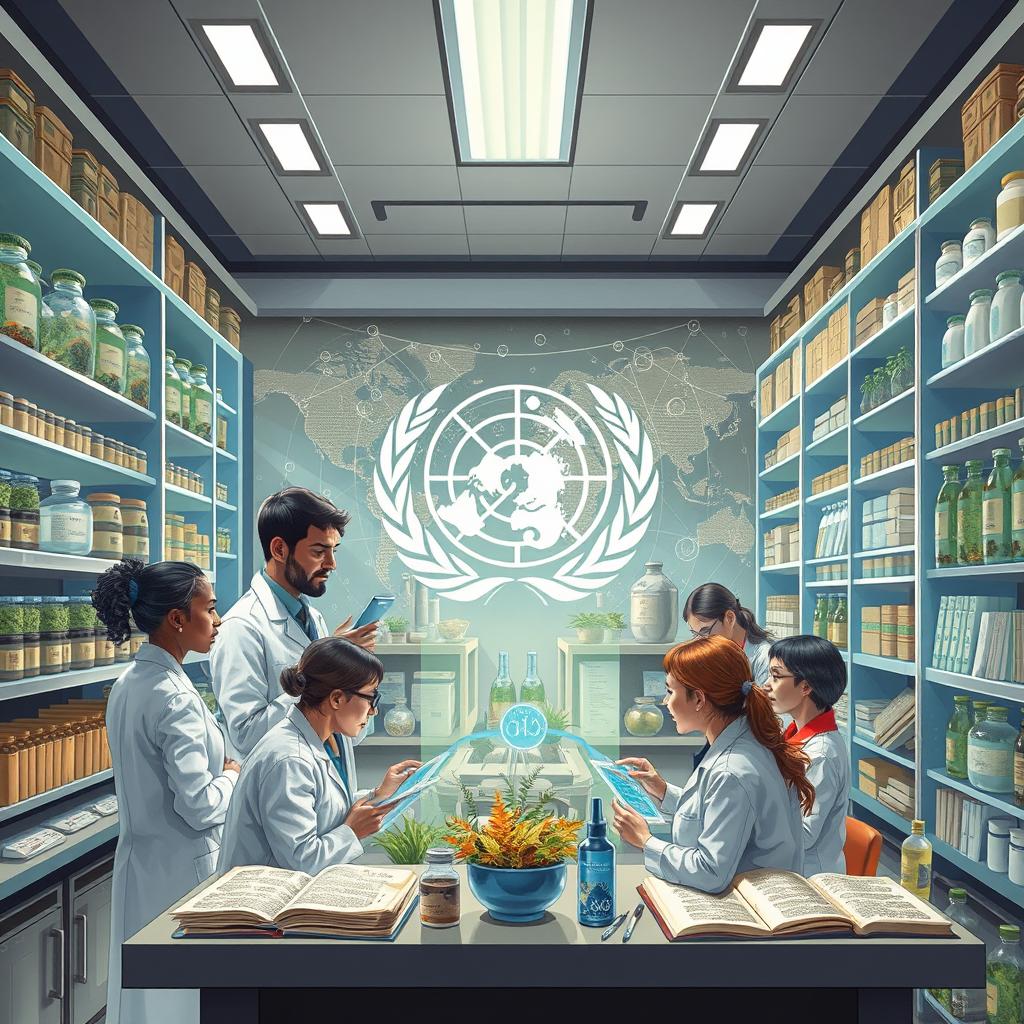 A detailed illustration depicting the World Health Organization (WHO) investigating traditional medicine