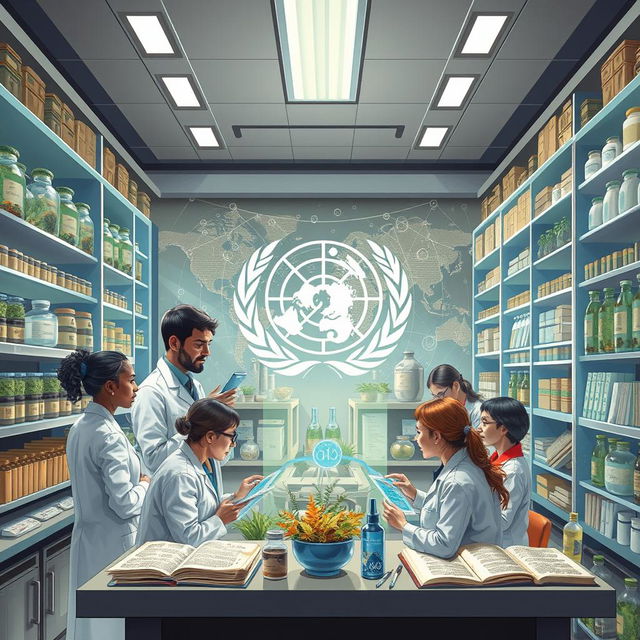 A detailed illustration depicting the World Health Organization (WHO) investigating traditional medicine