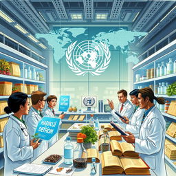 A detailed illustration depicting the World Health Organization (WHO) investigating traditional medicine