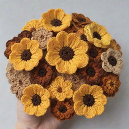 A beautifully detailed bouquet of crochet flowers, featuring vibrant hues of yellow and rich shades of brown