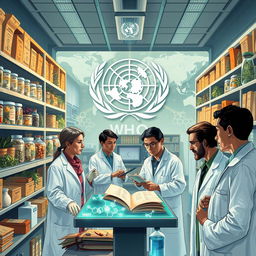 A detailed illustration depicting the World Health Organization (WHO) investigating traditional medicine