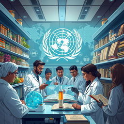 A detailed illustration depicting the World Health Organization (WHO) investigating traditional medicine