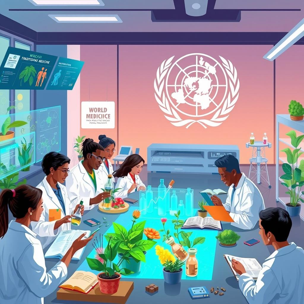 Illustration of the World Health Organization (WHO) conducting research on traditional medicine