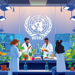 Illustration of the World Health Organization (WHO) conducting research on traditional medicine