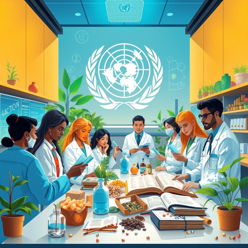 Illustration of the World Health Organization (WHO) conducting research on traditional medicine