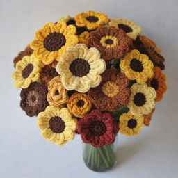 A beautifully detailed bouquet of crochet flowers, featuring vibrant hues of yellow and rich shades of brown