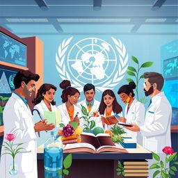 Illustration of the World Health Organization (WHO) conducting research on traditional medicine