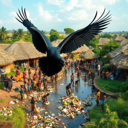 A large community clean-up event in an African rural village with traditional grass thatched huts
