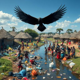 A large community clean-up event in an African rural village with traditional grass thatched huts