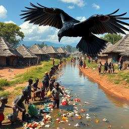 A large community clean-up event in an African rural village with traditional grass thatched huts