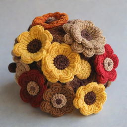 A beautifully detailed bouquet of crochet flowers, featuring vibrant hues of yellow and rich shades of brown