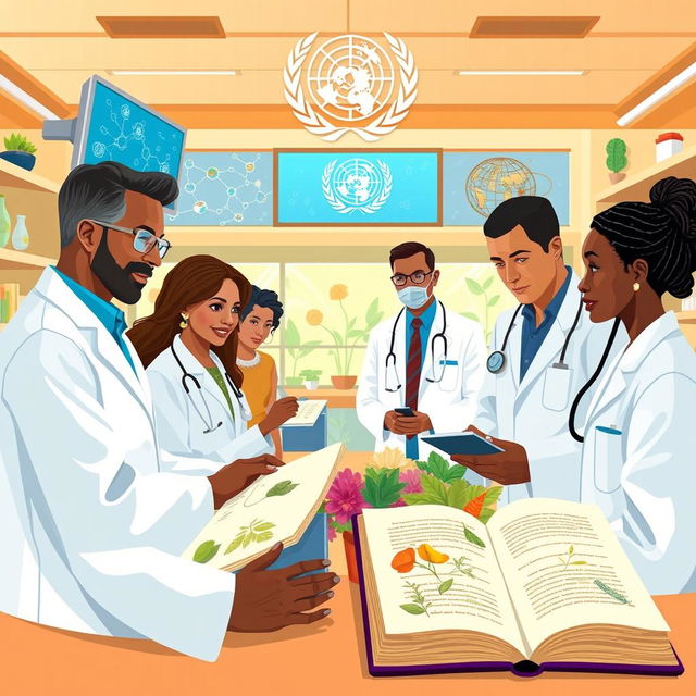 A vibrant illustration of the World Health Organization (WHO) researching traditional medicine