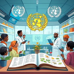 A vibrant illustration of the World Health Organization (WHO) researching traditional medicine