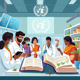 A vibrant illustration of the World Health Organization (WHO) researching traditional medicine