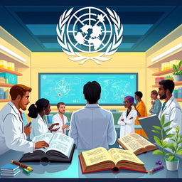 A vibrant illustration of the World Health Organization (WHO) researching traditional medicine