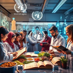 A vibrant scene depicting the World Health Organization (WHO) researching traditional medicine