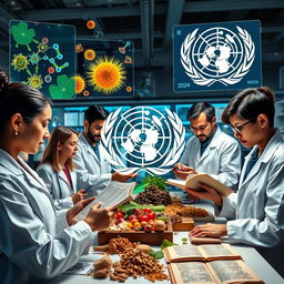 A vibrant scene depicting the World Health Organization (WHO) researching traditional medicine