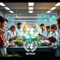 A vibrant scene depicting the World Health Organization (WHO) researching traditional medicine