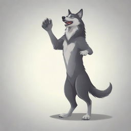 A vector-based illustration of a standing wolf, with its one paw raised high, as if expressing a cheerful 'hi'. The depiction should be stylized yet visually captivating.